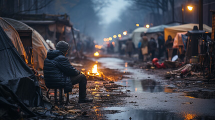 A homeless encampment sits on a street in Downtown Los Angeles, California, USA.