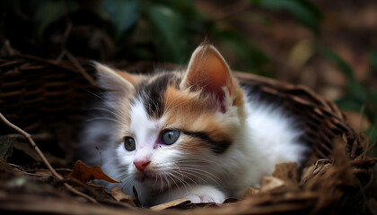 Cute kitten sitting in grass, looking at camera with curiosity generated by AI