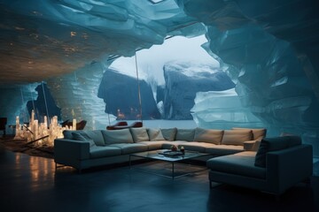 A house of the future built in an iceberg in Anarctica. Future living: innovative house within antarctic iceberg - sustainable design and isolation in the frozen wilderness. - obrazy, fototapety, plakaty