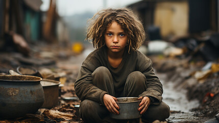 Little homeless, poor child on the street with a plate, hunger, hopelessness - obrazy, fototapety, plakaty