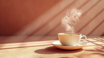 Cup of coffee with steam and sun light isolated on brown background
