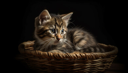 Fototapeta na wymiar Cute kitten, furry and small, sitting in a basket generated by AI