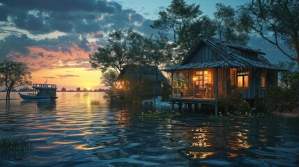Fototapeta premium a painting of a house on the water with a boat in the water and a boat in the water with a house on the water and a boat in the water.