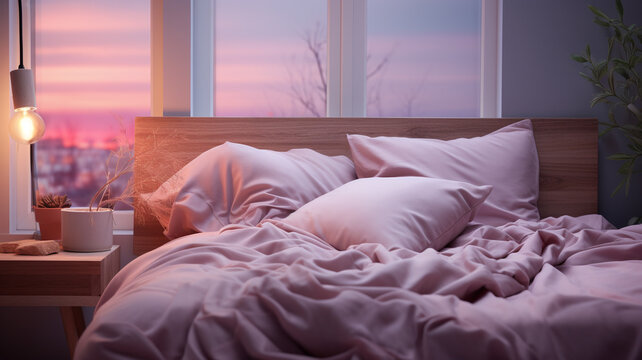 Sleep day, asleep and health problems, insomnia, soft bed time night lazy pillow comfort room, relax melatonin, woman man girl boy, moon star, banner copy space greeting card background.