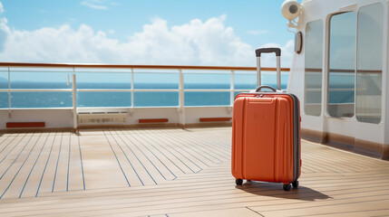 Plastic travel suitcase on the deck of a cruise ship on the ocean. Summer holidays vacation and sea tourism concept