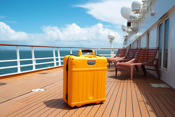 Plastic travel suitcase on the deck of a cruise ship on the ocean. Summer holidays vacation and sea tourism concept