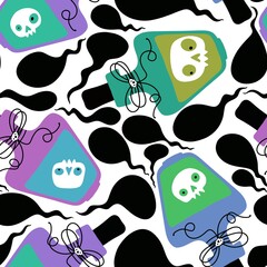 Cartoon retro poison bottle seamless witch Halloween magical accessories pattern for wrapping paper and fabrics