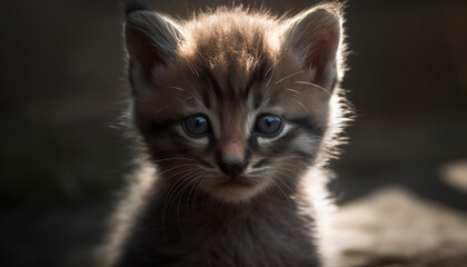 Fototapeta premium Cute kitten with striped fur, sitting outdoors, looking at camera generated by AI
