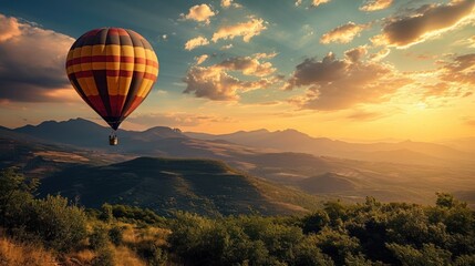  a hot air balloon flying over a lush green hillside under a cloudy blue sky with a sun setting in the distance over a valley with trees and mountains in the foreground.
