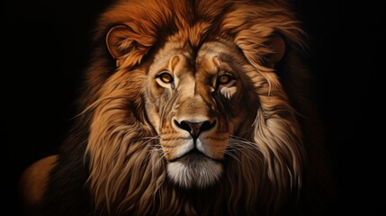 Fototapeta premium a close up of a lion's face on a black background with a black background and a white lion's head on the right side of the image.