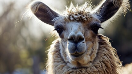 Obraz premium a close up of a llama's face looking at the camera with a blurry background of trees in the foreground and a blurry sky in the background.