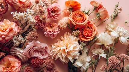  a bunch of flowers sitting on top of a pink surface with white and orange flowers in the middle of the petals and the top of the flowers in the middle of the petals.