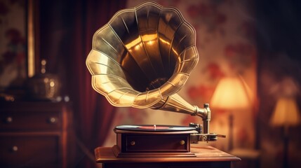 Old-fashioned record player with a prominent horn, set against diffused light. Vintage gramophone....