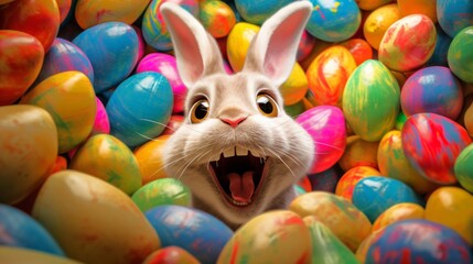 Cheerful Easter bunny surrounded by many colorful brightly painted eggs. Festive Rabbit. For greeting card, invitation, postcard, poster, web design. Ideal for Easter celebrations.