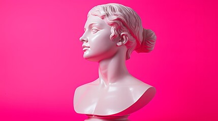 White sculpture of a female bust on a vibrant pink red background, ideal for contemporary art projects.