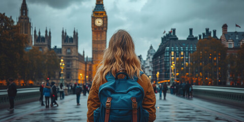 A female travelling looking Big Ben and The Houses of Parliament in London 