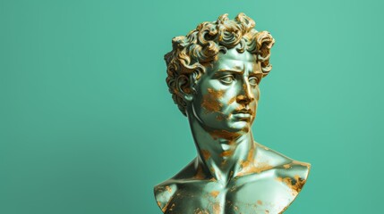 Gold antique statue of a male head on a light emerald green solid background. Perfect for contemporary art projects. Banner with copy space
