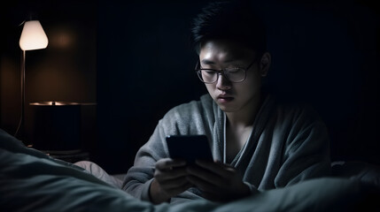 Young Man in Rectangular Glasses Resting in a Dark Bedroom