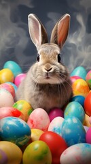 Fototapeta na wymiar Easter bunny surrounded by many colorful brightly painted eggs. Festive Rabbit. For greeting card, invitation, postcard, poster, web design. Ideal for Easter celebrations. Vertical format