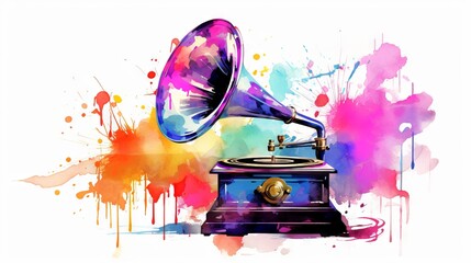 Artistic rendition of an antique gramophone amidst a burst of watercolor hues. Ideal for album covers or musical event posters.