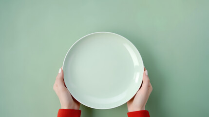 A pair of hands holds a clean, empty mint green plate against a matching green background. Mockup. Banner with copy space. Ideal for minimalist kitchenware catalogs or food presentation tutorials.