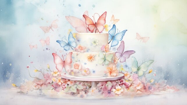 Watercolor two-tier cake adorned with colorful butterflies and flowers, ideal for celebrations or events. Can be used in bakery or event planning content.