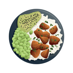 Plate with rice, chicken teriyaki, avocado and green beans.  Healthy eating, nutrition, diet, cooking, breakfast menu, fresh food concept. Vector illustration for banner, menu, poster.