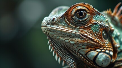 Obraz premium a close up of an iguana's face with a blurry back ground and a blurry back ground behind the image of an iguanaguanaguana's head.