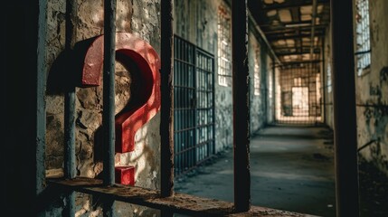Big red question mark sit in solitary confinement in a prison behind iron bars. Rights and Regulations. Criminal legislation. Avoiding prison or punishment.