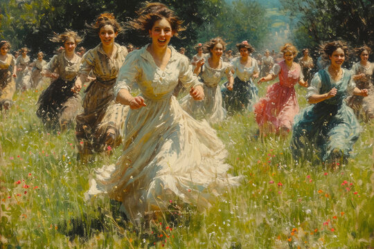 A classical style painting of a group of women and girls in dresses running through a field