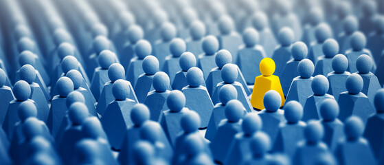 Yellow figure distinct among blue crowd, representing the concept of finding the right person in HR, business strategy, and organizational psychology - obrazy, fototapety, plakaty