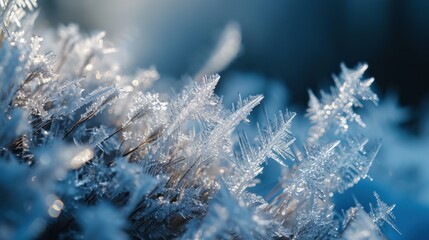 Obraz premium a close up of a bunch of snow flakes on top of a piece of blue material with snow flakes on the top of the top of the flakes and bottom of the flakes of the flakes.