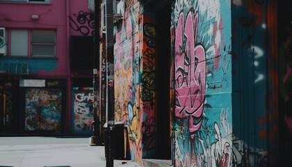 Graffiti filled city streets showcase vibrant, modern cultures and creativity generated by AI
