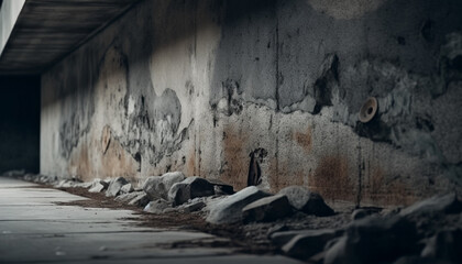 Dirty old wall, dark damaged building feature indoors Abandoned ruined concrete generated by AI