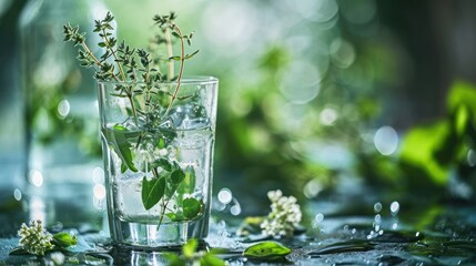  a close up of a glass with water and a plant in it on a table with leaves and water droplets on the table and a blurry background of leaves.