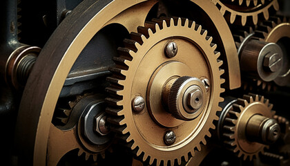 Metallic machinery turning in close up, interlocked gears generated by AI