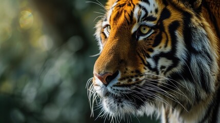 Obraz premium a close - up of a tiger's face with a blurry background of trees and bushes in the foreground, with a soft focus on the foreground of the tiger's head.