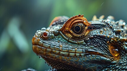 Fototapeta premium a close up of a lizard's face with drops of water on it's face and a blurry background of leaves and branches in the foreground.