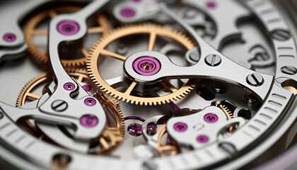 Mechanic disassembling wristwatch, restoring accuracy with teamwork generated by AI - obrazy, fototapety, plakaty