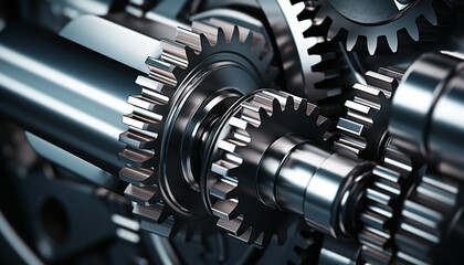 Fototapeta premium Metallic machinery turning in workshop, teamwork interlocked for progress generated by AI