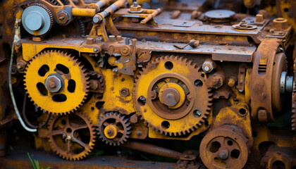 Working machinery in a rusty factory turning wheels generated by AI