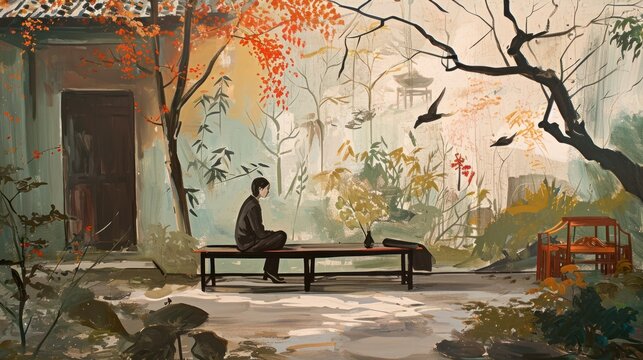  a painting of a person sitting on a bench in front of a tree with a bird flying in the air and a birdcage in the air in the background.