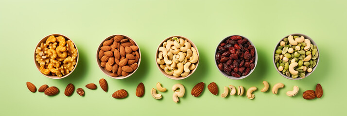 Top view of mixed nuts and dried fruits on a light green background. Bowls with peanuts, cashews, hazelnuts, almonds, pumpkin seeds, raisins, dried apricots. Healthy nutrition concept