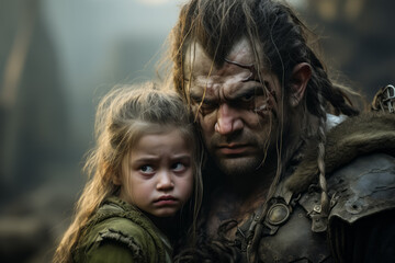 A barbarian warrior with a fierce look protects a little girl