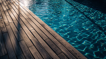 Obraz premium Swimming pool with sun reflections and wooden deck. Toned.