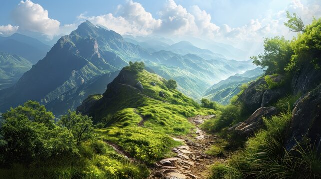  a painting of a path leading to the top of a mountain with a view of a valley and mountains in the distance with a blue sky with clouds in the background.