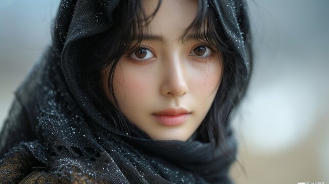 portrait photograph of a beautiful korean idol, cinema lighting, focused, wearing black hijab