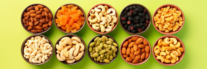 Top view of mixed nuts and dried fruits on a light green background. Bowls with peanuts, cashews, hazelnuts, almonds, pumpkin seeds, raisins, dried apricots. Healthy nutrition concept