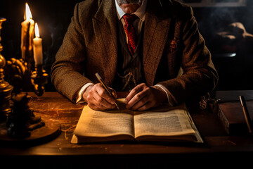 A respectable man in a suit writes in a book by candlelight