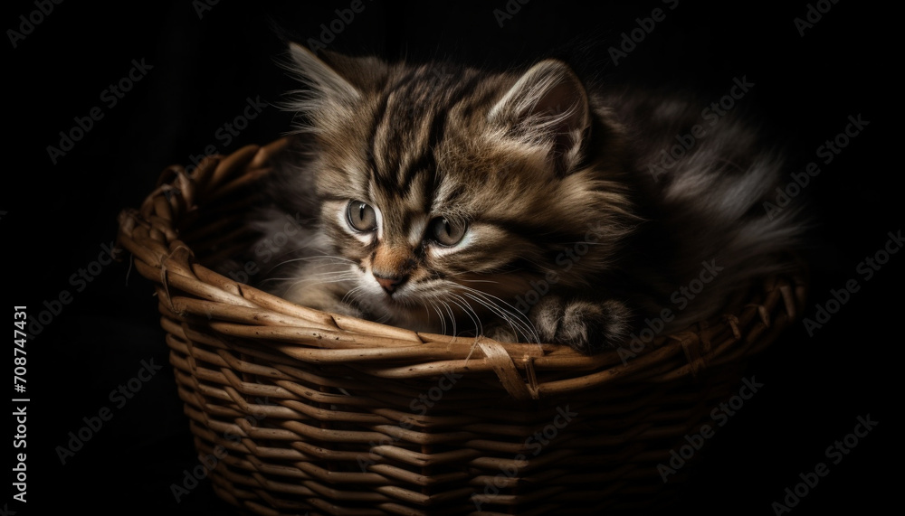 Poster cute kitten sitting in a basket, looking at the camera generated by ai